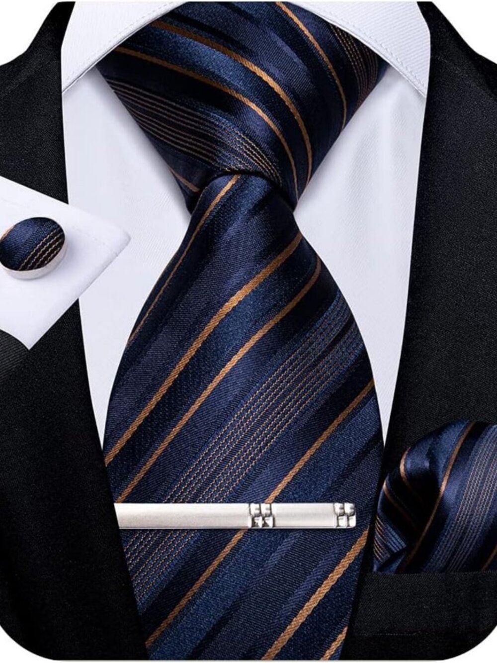 Men's Silk Striped Necktie Set with Pocket Square & Cufflinks - Formal Wedding